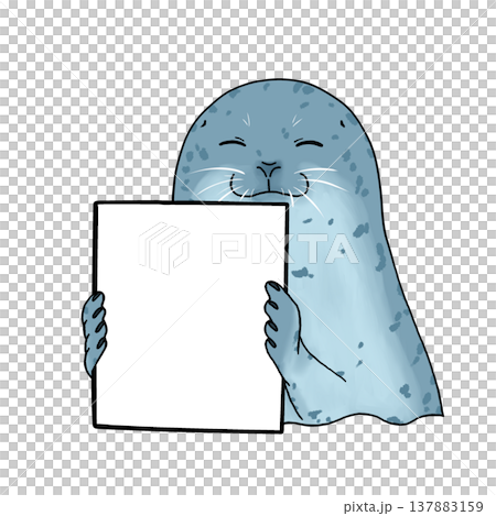 A seal holding a board, smiling. 137883159