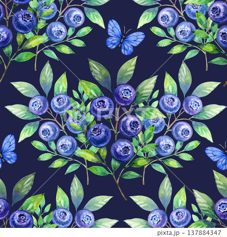 Charming watercolor pattern featuring lush blueberry bushes and small blue butterflies. Artistic botanical illustration with vibrant berries and green leaves, ideal for rustic textiles and home decor. Charming watercolor pattern featuring lush blueberry bushes and small blue butterflies. Artistic botanical illustration with vibrant berries and green leaves, ideal for rustic textiles and home decor. 137884347