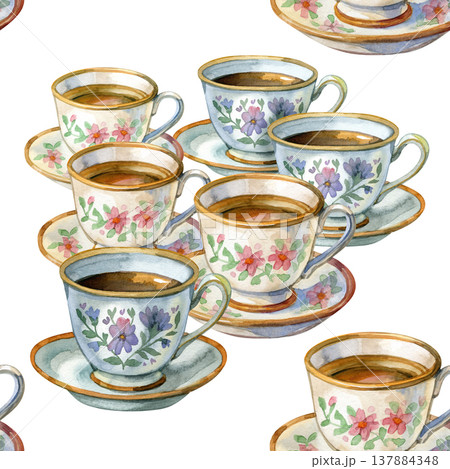 Seamless pattern featuring watercolor vintage teacups on a white background. This charming, rustic design is perfect for cafe decor, textiles, and kitchen-themed packaging. Seamless pattern featuring watercolor vintage teacups on a white background. This charming, rustic design is perfect for cafe decor, textiles, and kitchen-themed packaging. 137884348