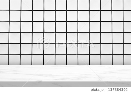 Marble Table with White Tiles Wall Background. 137884392