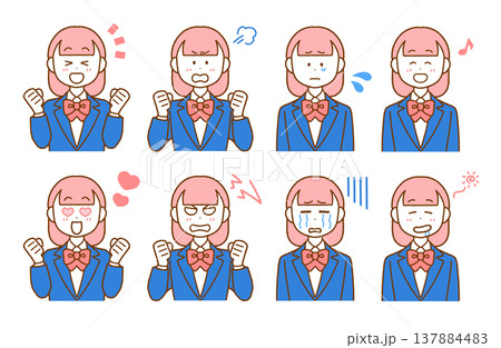 高校生(女子)の喜怒哀楽イラストセット｜使いやすいシンプルカラー 137884483