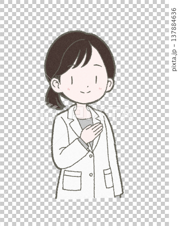 手繪插圖,描繪了一位身穿白大褂的女醫護人員,她一隻手放在胸口,正在指導病人。 手繪插圖,描繪了一位身穿白大褂的女醫護人員,她一隻手放在胸口,正在指導病人。 137884636