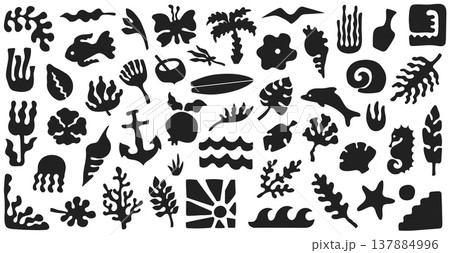 Tropical ocean symbol set, abstract marine silhouettes, boho summer icons. Branding, logo, sticker, packaging, surf shop, beach club, coastal decor assets. Vector illustration. 137884996