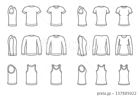 shirt template set, men women tops, tank tops, long sleeve shirts, front side views. Fashion mockup, print design, ecommerce catalog, tailoring guide. Vector illustration. 137885022