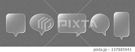 Translucent speech bubble set, frosted glass chat message shapes, transparent background. UI, messenger, app, social media, website comment interface, sticker design. Vector illustration. Translucent speech bubble set, frosted glass chat message shapes, transparent background. UI, messenger, app, social media, website comment interface, sticker design. Vector illustration. 137885041