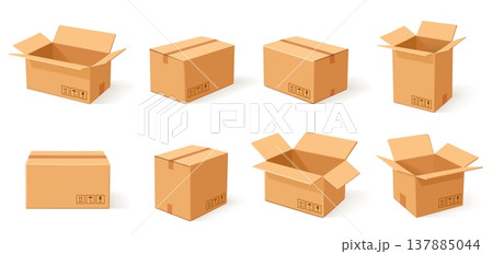 Cardboard box set, open closed parcel packages, realistic carton collection. Packaging, delivery, logistics, moving, ecommerce, warehouse graphics. Vector illustration 137885044