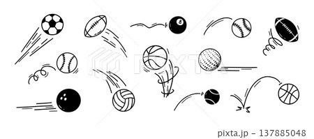 Sports balls soccer with ball bounce football for basketball volleyball baseball. Tennis golf bowling with billiards pool rugby for play game doodle. Match kick sports with spin ball speed. 137885048