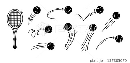 Tennis balls doodle with sport racket serve and volley bounce ballspin. Curve motion speed with trail lines trajectory and hit game racquet. Match court tennis with coaching club sport. Tennis balls doodle with sport racket serve and volley bounce ballspin. Curve motion speed with trail lines trajectory and hit game racquet. Match court tennis with coaching club sport. 137885070