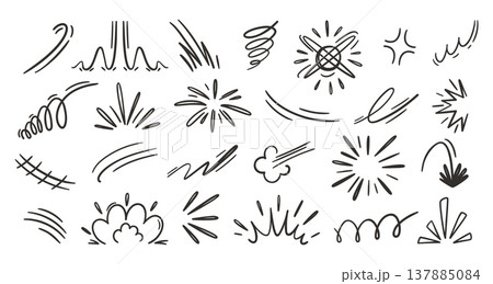 Comic doodle manga and motion lines anime with speed whoosh swoosh. Burst starburst sparkle and shine impact hit with zap pow boom. Sketch comic explosion and smoke motion dynamic with effect. 137885084