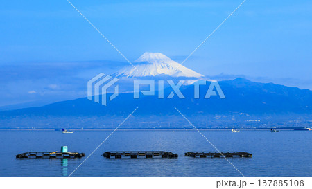 駿河湾越しで見る伊豆半島西伊豆の沼津市木負から見る冠雪した富士山　 137885108