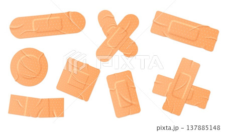 Bandage and adhesive plaster set with 3D realistic textures for first aid wound care banners, medical instruction apps, and pharmacy safety or emergency toolkit design Bandage and adhesive plaster set with 3D realistic textures for first aid wound care banners, medical instruction apps, and pharmacy safety or emergency toolkit design 137885148