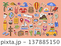 Summer travel stickers. Airplane, suitcase and palm tree for vacation, tourism cute journey concept. Hand drawn vector set of doodle beach holiday, hotel resort 137885150