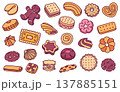 Color cookie and pastry doodle. Gingerbread man and macaron for bakery branding, kids menu or sweet snack packaging. Cute vector hand drawn set of dessert. Waffle and eclair for sticker 137885151