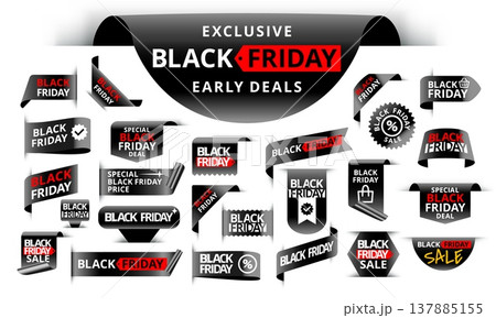 Black Friday badge. Black Friday promotion ribbon label. Discount tag, offer for shopping sale. Social media web sale banner 3d vector template Black Friday badge. Black Friday promotion ribbon label. Discount tag, offer for shopping sale. Social media web sale banner 3d vector template 137885155