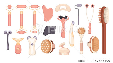 Body and face massage devices. Gua sha scrapers, rollers and stones, skincare, anti age procedures elements and relaxation, beauty routine, home spa sign, tidy vector cartoon isolated set 137885599