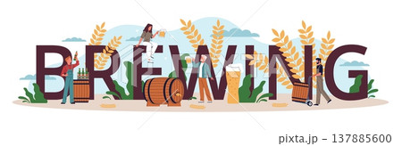 Brewing beer. Large word and tiny people hold mugs with drink, craft beer production, wooden barrels, bottling, ingredients and fermentation process nowaday vector cartoon isolated concept Brewing beer. Large word and tiny people hold mugs with drink, craft beer production, wooden barrels, bottling, ingredients and fermentation process nowaday vector cartoon isolated concept 137885600