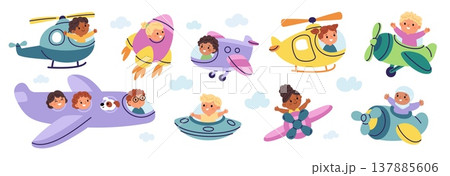 Children in flying vehicles. Kids air transport, boys, girls in toy rockets, airplanes, playful aviation and travel on colorful aircrafts, helicopters, garish vector cartoon isolated set 137885606