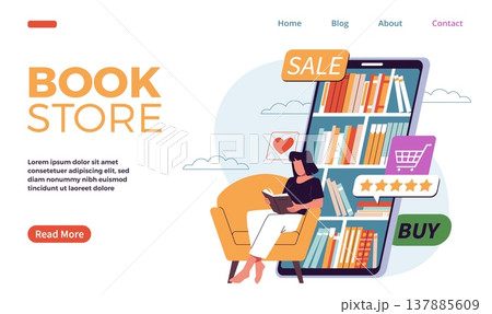 Choosing book online. Virtual bookstore, girl choices and reads literature, e commerce retail, remote library in smartphone, web banner design, nowaday vector cartoon isolated concept Choosing book online. Virtual bookstore, girl choices and reads literature, e commerce retail, remote library in smartphone, web banner design, nowaday vector cartoon isolated concept 137885609
