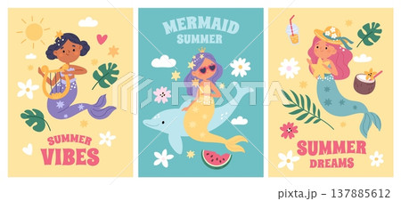 Cute mermaids cards. Summer vibes banner, little funny girls with long hair and fish tails, mythical sea princesses, playful seasonal fantasy posters, garish vector cartoon isolated set 137885612