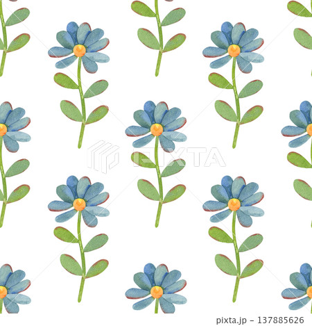 Hand-painted watercolor pattern with delicate flat blue flowers isolated on white background. Minimal, versatile design ideal for textiles, stationery, branding, packaging, printing, digital use 137885626