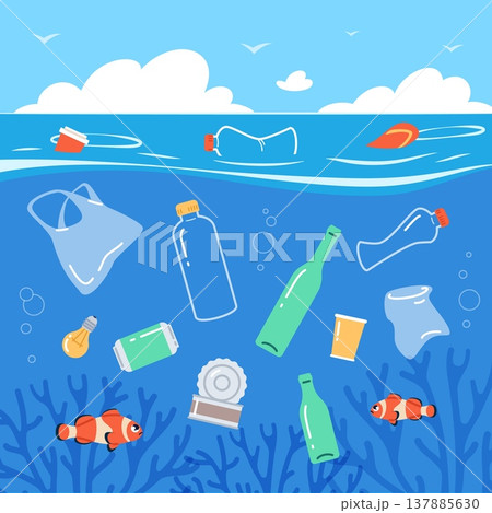 Marine debris. Cartoon sea garbage, plastic pollution of world oceans, environmental problem, ecosystem disruption, underwater scene with floating bottles near fish classy vector concept Marine debris. Cartoon sea garbage, plastic pollution of world oceans, environmental problem, ecosystem disruption, underwater scene with floating bottles near fish classy vector concept 137885630