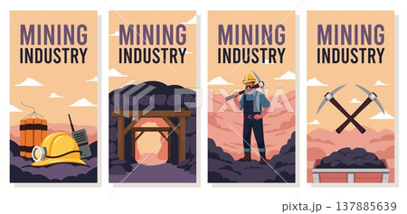 Mining industry banners. Coal, gold or minerals search, machinery and tools, worker in overalls, helmet, natural resource, vertical flyers or posters design tidy vector cartoon isolated set Mining industry banners. Coal, gold or minerals search, machinery and tools, worker in overalls, helmet, natural resource, vertical flyers or posters design tidy vector cartoon isolated set 137885639