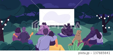 Outdoor cinema. People sitting on grass wrapped in blankets, watching romantic movie, couples in love, leisure time evening park, entertainment outdoors garish vector cartoon flat concept 137885641
