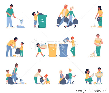Parents and children sort garbage. People clean up waste, funny volunteers collect trash, nature caring, rubbish outdoor, volunteers environmental care classy vector cartoon isolated set 137885643