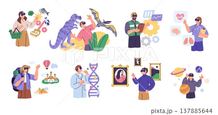 People wearing augmented reality glasses. Gamblers, shopaholics and scientists use new technologies, virtual reality, tourism and space exploration, garish vector cartoon isolated set 137885644
