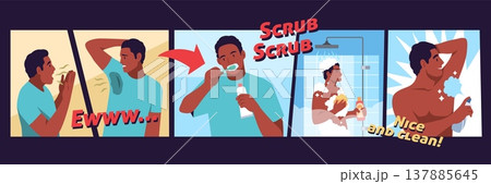 Personal hygiene. Bad smell removal comics, man takes care of his body and teeth, guy takes shower, uses deodorant, young boy daily cleanliness habits, tidy vector cartoon isolated concept 137885645