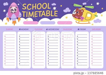 School schedule with flying animals. Cartoon panda, bear in toy rocket and helicopter, funny characters, kids planner, space for lessons and notes garish vector cartoon isolated concept School schedule with flying animals. Cartoon panda, bear in toy rocket and helicopter, funny characters, kids planner, space for lessons and notes garish vector cartoon isolated concept 137885646