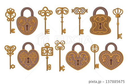 Vintage antique locks. Classic keys and padlocks, intricate ornaments, decorative elements, old style, different shapes, security, access and privacy symbol splendid vector isolated set Vintage antique locks. Classic keys and padlocks, intricate ornaments, decorative elements, old style, different shapes, security, access and privacy symbol splendid vector isolated set 137885675