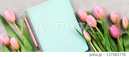Spring Tulips with Pastel Notebook and Pen Flat Lay Spring Tulips with Pastel Notebook and Pen Flat Lay 137885776