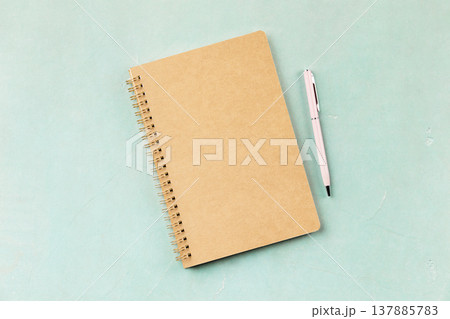 Minimal Spiral Notebook with Pink Pen on Mint Background Minimal Spiral Notebook with Pink Pen on Mint Background 137885783