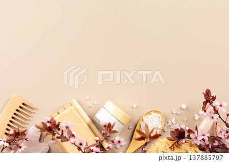 Natural Skincare and Spa Items with Cherry Blossoms Copy Space 137885797