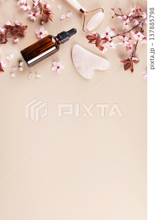 Natural Skincare Flat Lay with Essential Oil and Gua Sha 137885798