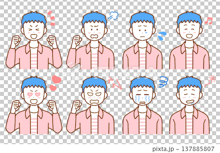8-piece illustration set of young men expressing joy, anger, sadness, and happiness | Simple, easy-to-use colors 8-piece illustration set of young men expressing joy, anger, sadness, and happiness | Simple, easy-to-use colors 137885807