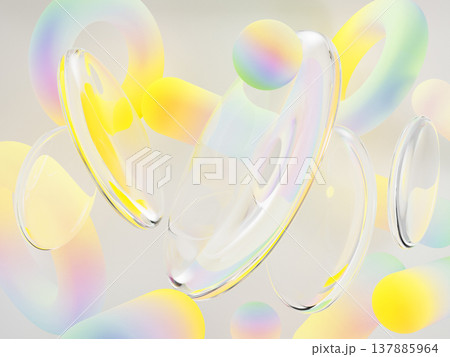 Liquid glass transparent circle discs with soft blur gradient shapes on light pastel 3d background. Abstract bg with crystal clear plates, colorful blurry rounded lines, balls, rings. 3D illustration 137885964