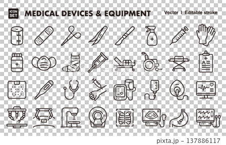 Icon set of medical devices and instruments (thin lines, vector format) for medical and clinic use. 137886117