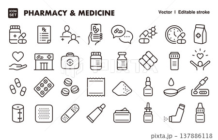 薬局と医薬品のアイコンセット（細線・ベクター素材）処方箋・服薬・メディカル素材 137886118