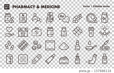 薬局と医薬品のアイコンセット（細線・ベクター素材）処方箋・服薬・メディカル素材 137886118