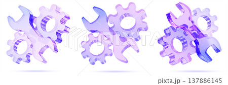 Holographic glass screw wrench with gears 3d render icon set. Settings, repair, maintenance, car service, mechanic logo. Purple blue crystal spanner tool with cog wheels for UI design. 3D illustration Holographic glass screw wrench with gears 3d render icon set. Settings, repair, maintenance, car service, mechanic logo. Purple blue crystal spanner tool with cog wheels for UI design. 3D illustration 137886145