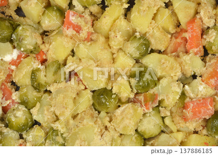 Cooked Brussels Sprouts with Potatoes and Carrots 137886185