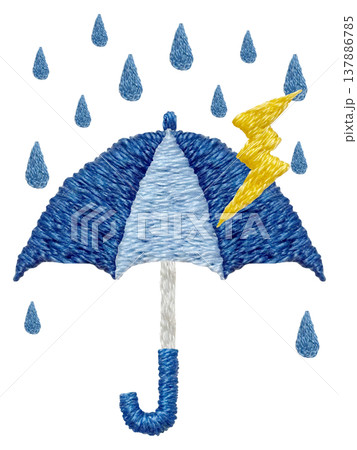 【傘と雨と雷】手刺繍イラスト素材 137886785