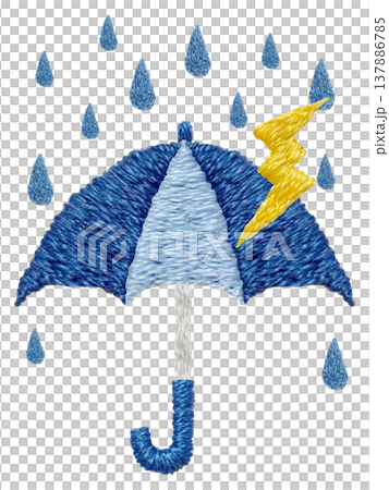 【傘と雨と雷】手刺繍イラスト素材 137886785