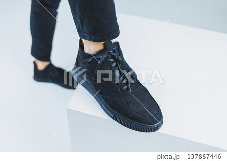 Men's casual shoes in black color made of genuine leather, men on shoes in black lace shoes. High quality photo Men's casual shoes in black color made of genuine leather, men on shoes in black lace shoes. High quality photo 137887446