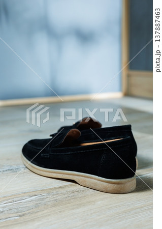 Women's black loafers without a heel for every day. Collection of summer women's shoes. Stylish women's shoes for the summer 137887463
