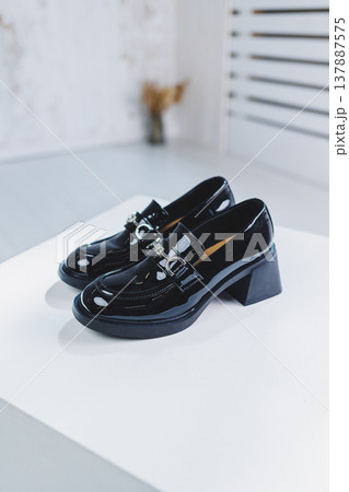Women's leather shoes with a massive heel. Black autumn shoes for women on a white background. 137887575