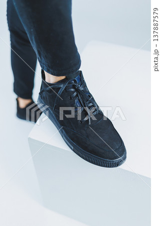 Men's casual shoes in black color made of genuine leather, men on shoes in black lace shoes. High quality photo Men's casual shoes in black color made of genuine leather, men on shoes in black lace shoes. High quality photo 137887579