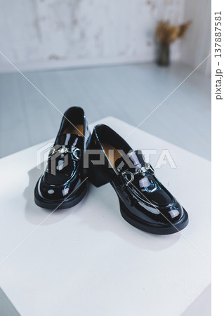 Women's leather shoes with a massive heel. Black autumn shoes for women on a white background. 137887581